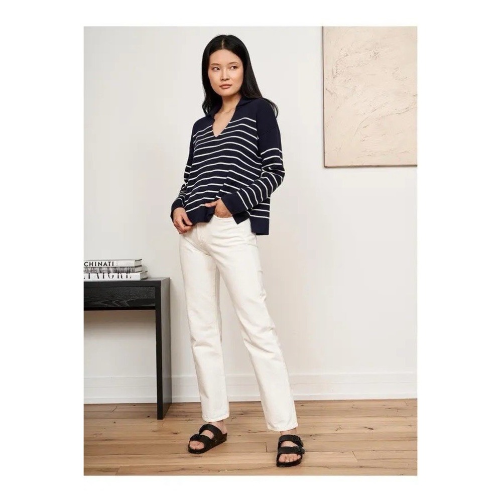 LA LIGNE Sailor Striped Cotton Cashmere Collared Sweater Navy White M